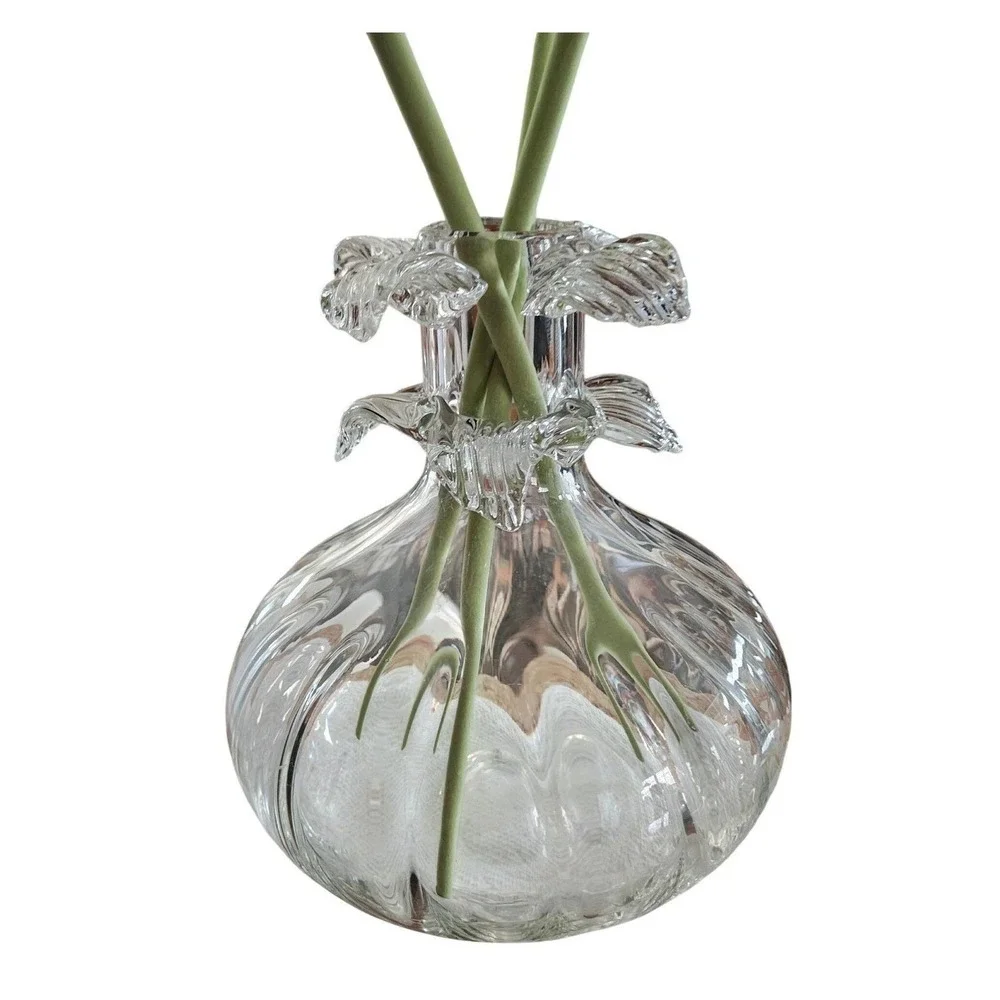Clear Ribbed Glass Bud Vase with Ruffled Collar and Faux Pink Poppy Flowers
